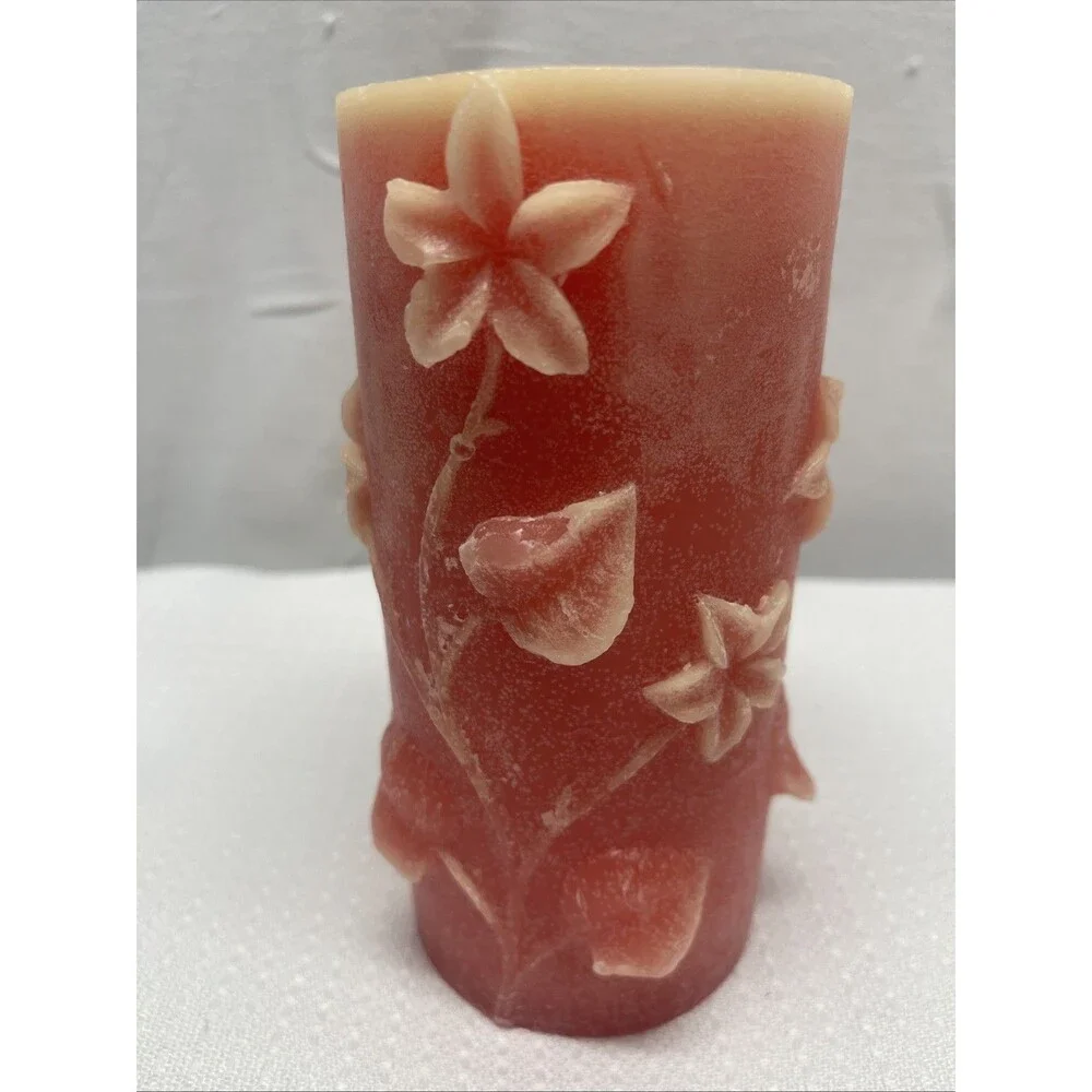 Vintage 6.5 x 3.5 Pink Yellow Raised Flowers Wax Pillar Candle Gift Unscented